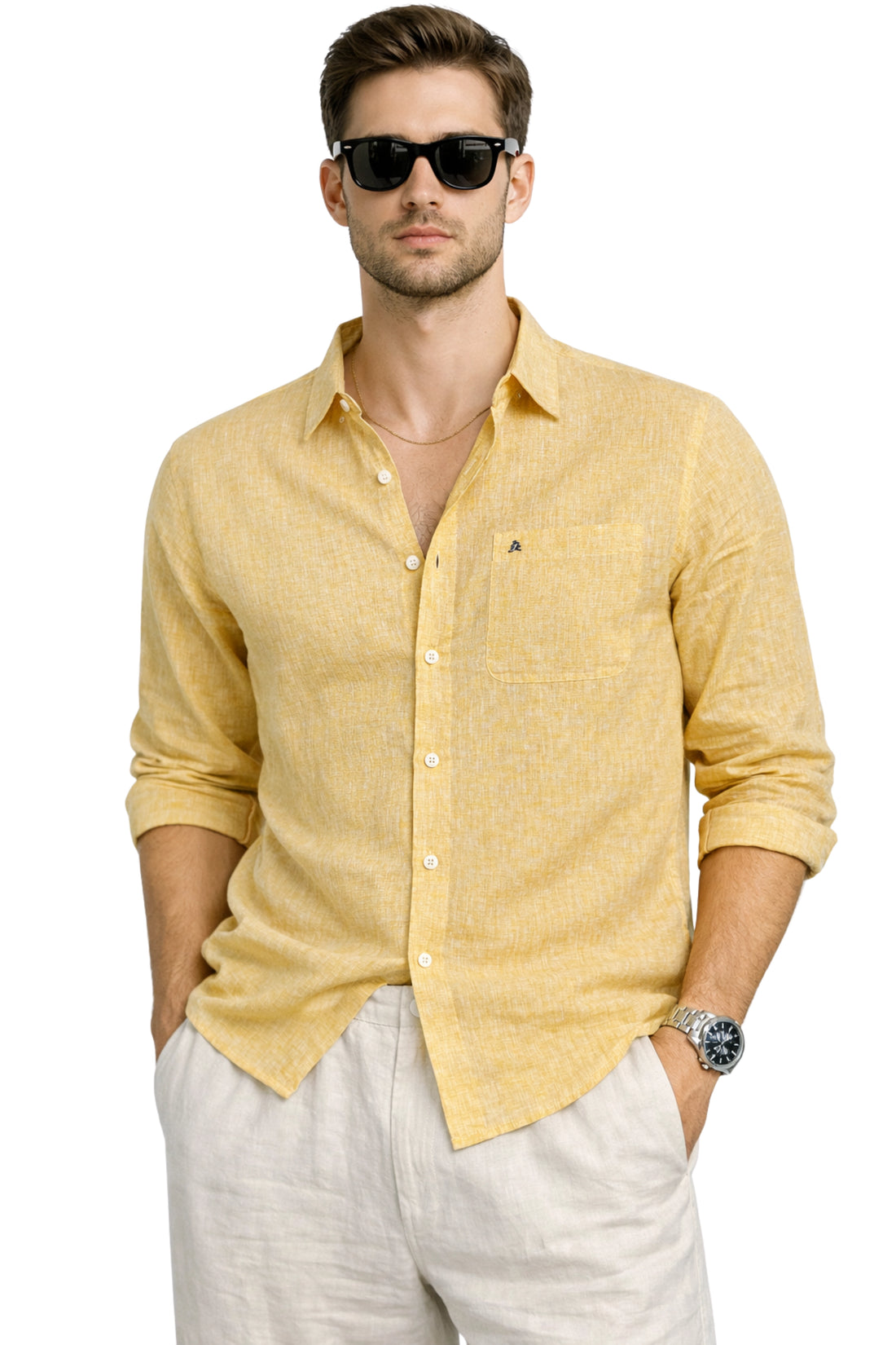 AMBER YELLOW CHAMBRAY REGULAR FIT LINEN SHIRTS
