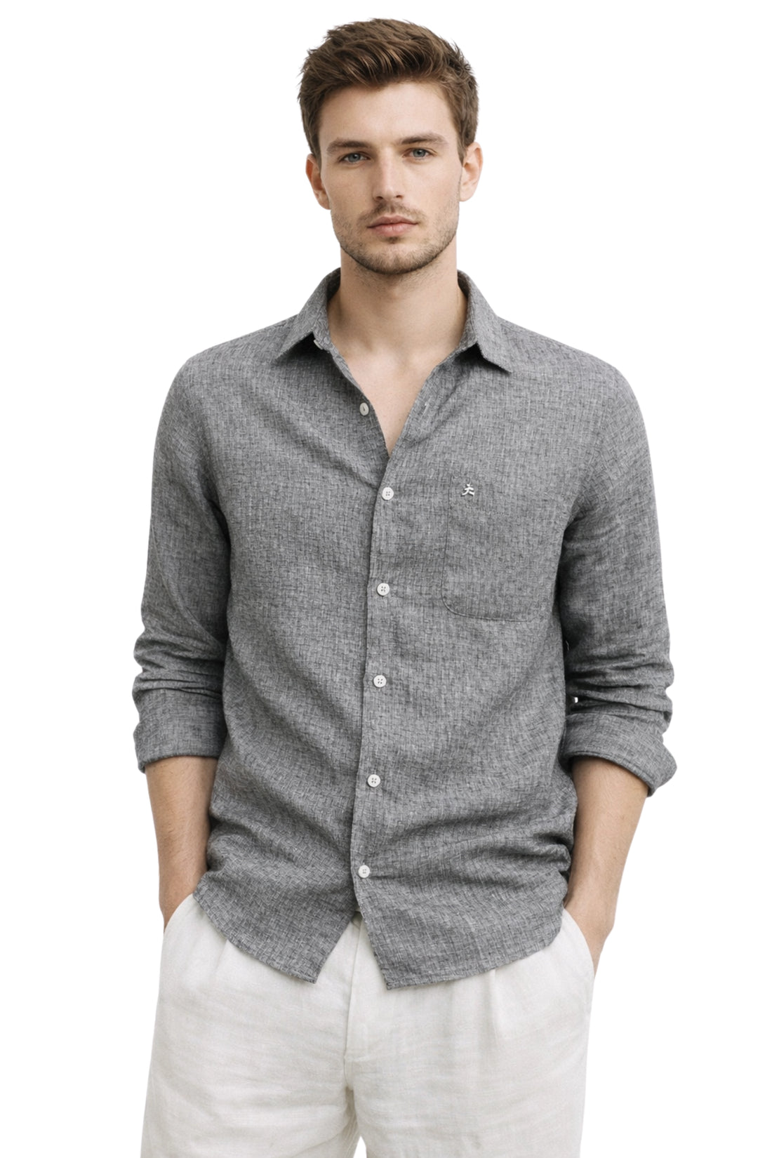 GREY CHAMBRAY REGULAR FIT LENEN SHIRTS