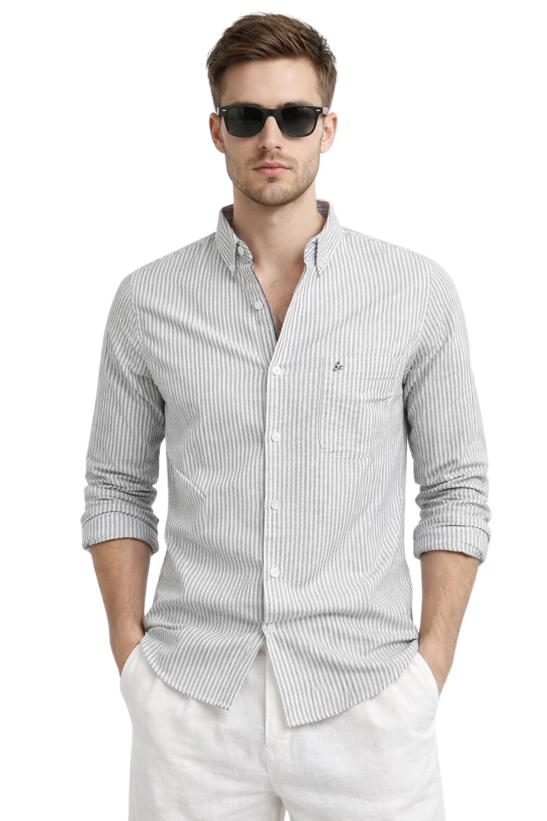 100% GREY COTTON STRIPED SHIRTS FOR MEN