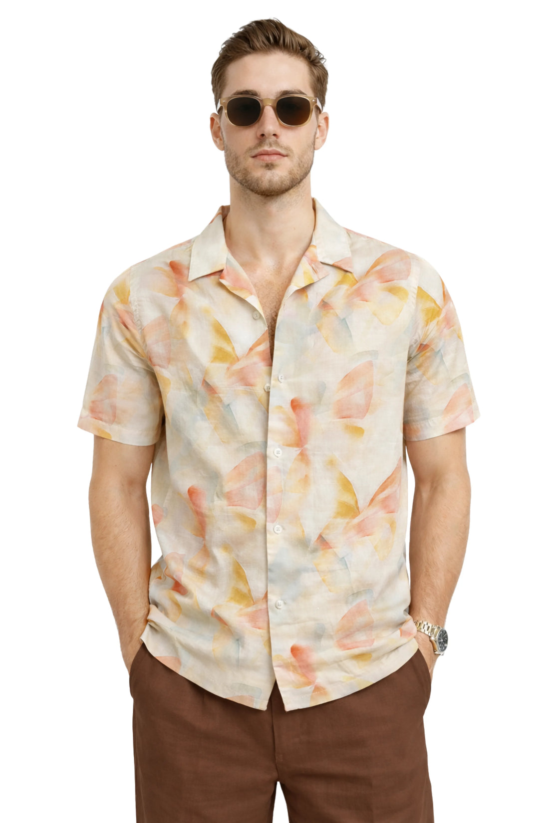 XKIND'S ORANGE HALF SLEEVES PRINTED RELAXED FIT SHIRTS FOR MEN.