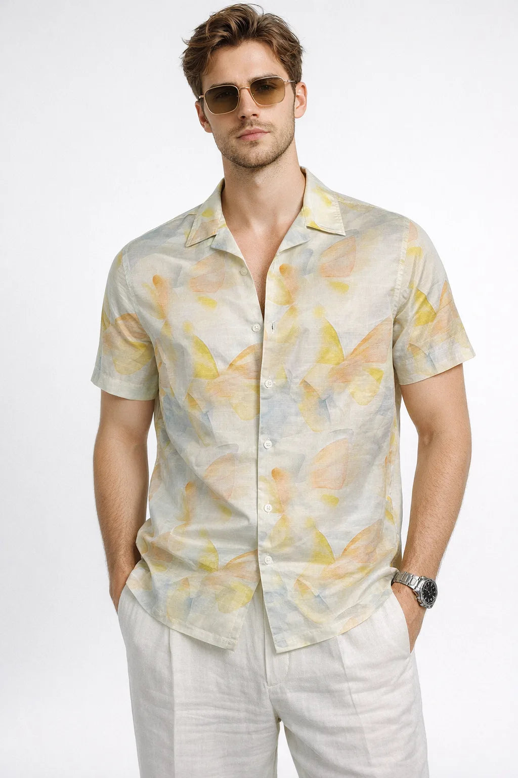 XKIND'S YELLOW HALF SLEEVES PRINTED RELAXED FIT SHIRTS FOR MEN.
