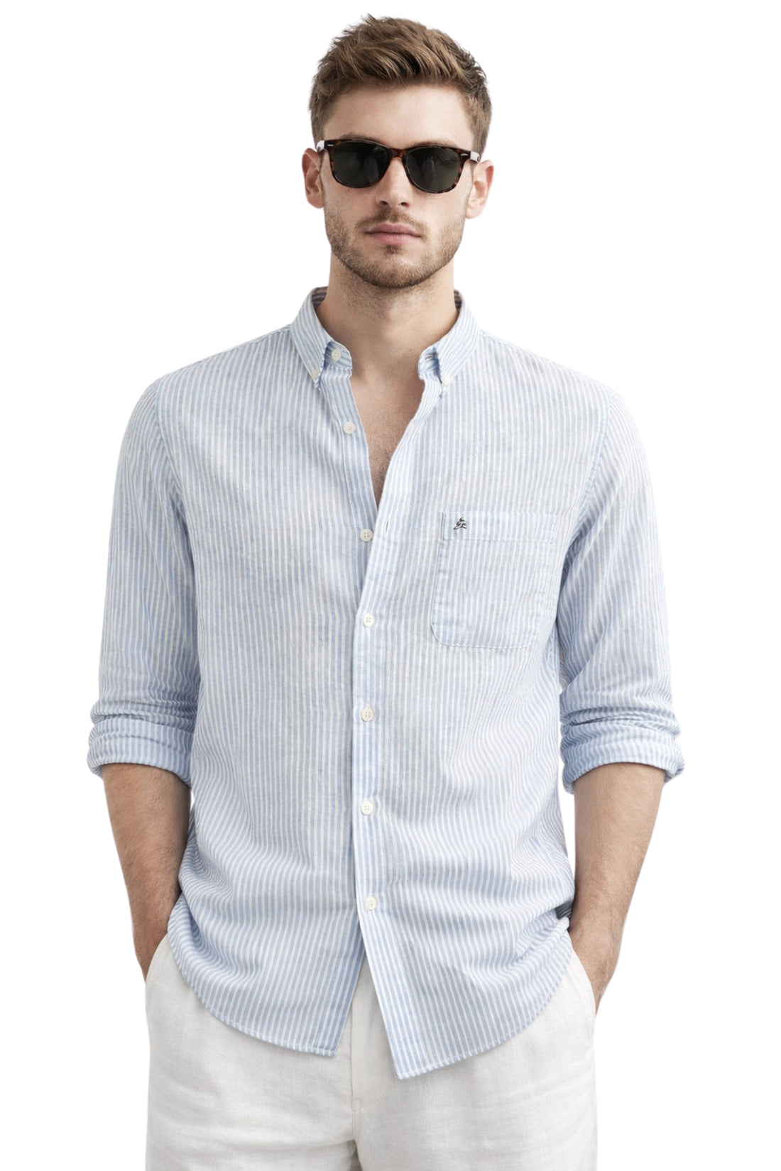 100% BLUE COTTON STRIPED SHIRTS FOR MEN