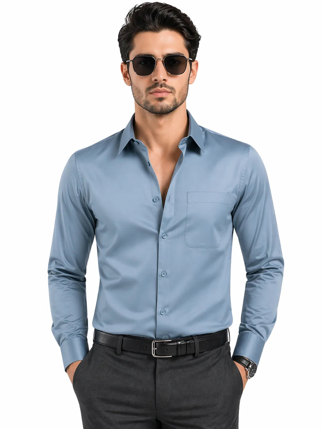 JONESBURG'S Powder Blue 100% Cotton Slim Fit Solid Shirt