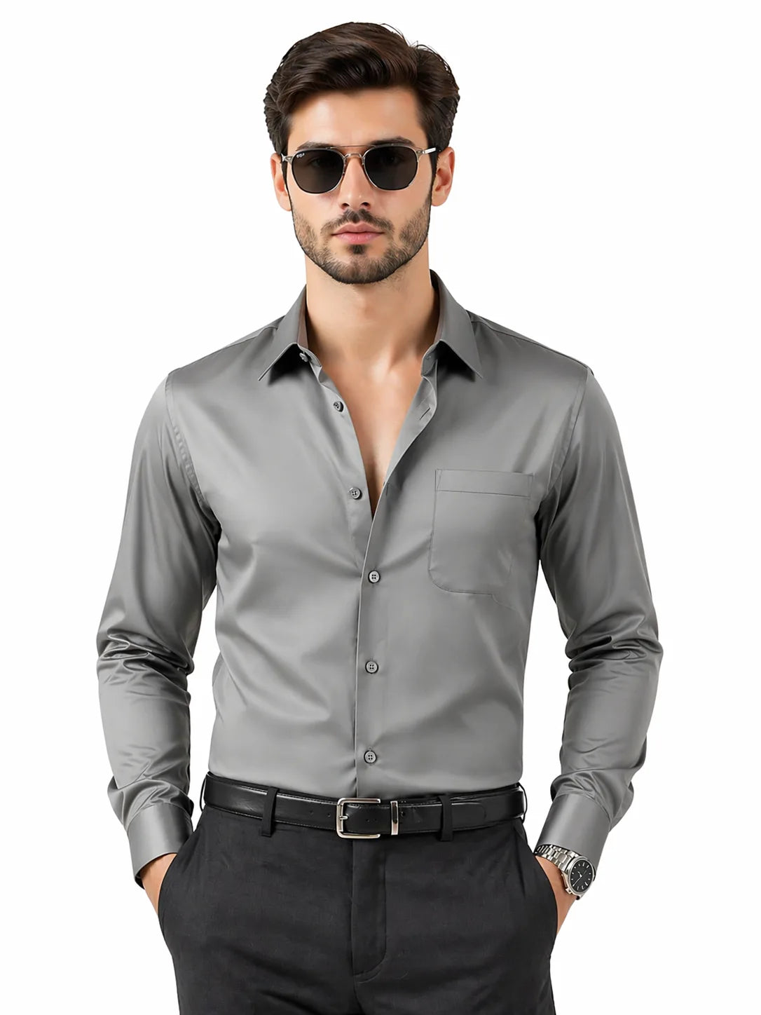 JONESBURG'S Dark Grey 100% Cotton Slim Fit Solid Shirt