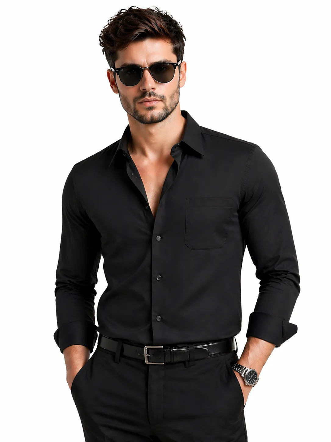 JONESBURG'S Black 100% Cotton Slim Fit Solid Shirt