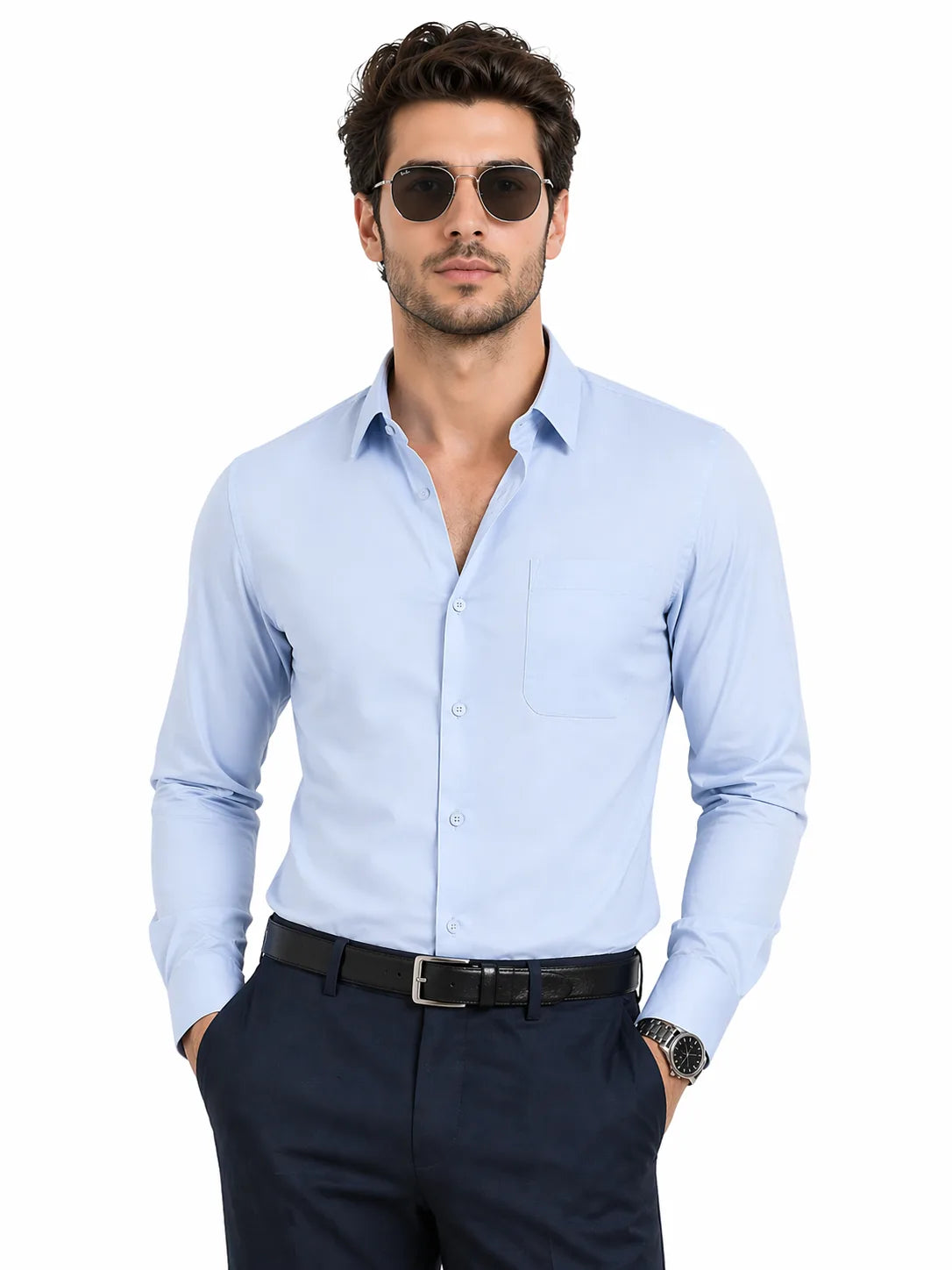 JONESBURG'S Blue 100% Cotton Slim Fit Solid Shirt