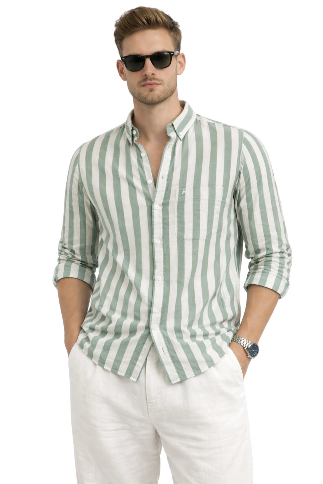 GREEN STRIPE REGULAR FIT CASUAL SHIRT