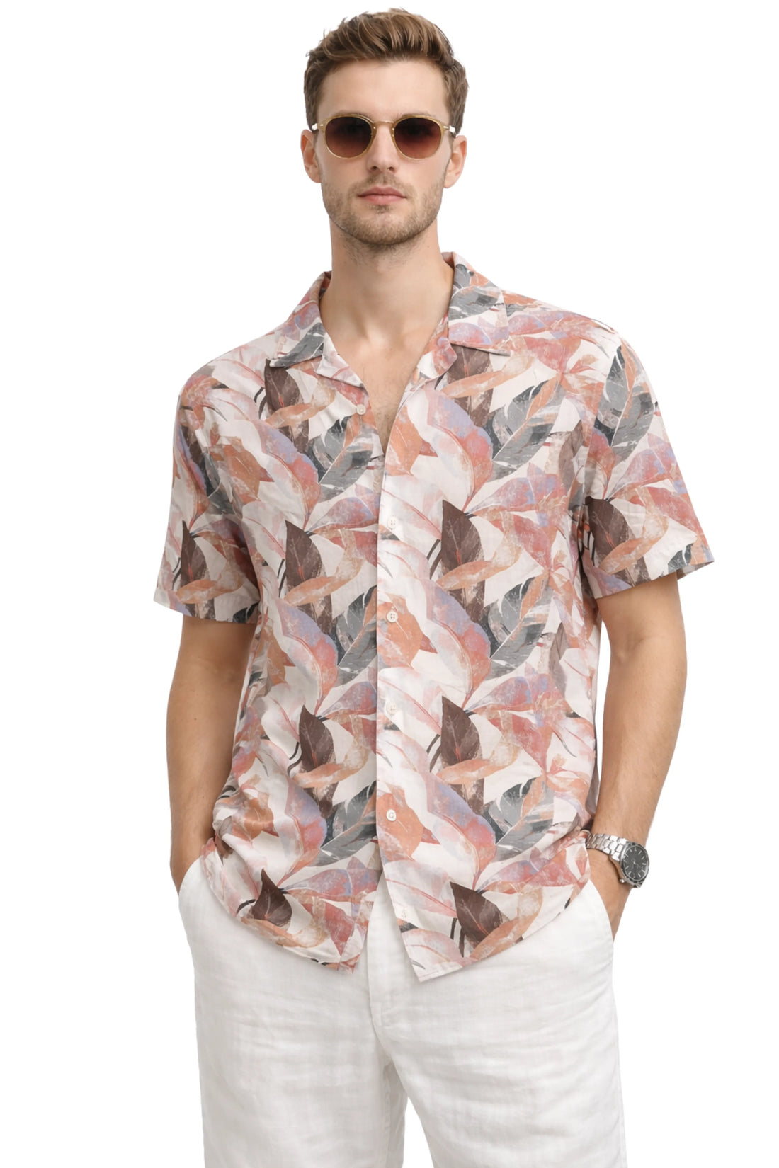 XKIND'S BROWN HALF SLEEVES PRINTED RELAXED FIT SHIRTS FOR MEN.