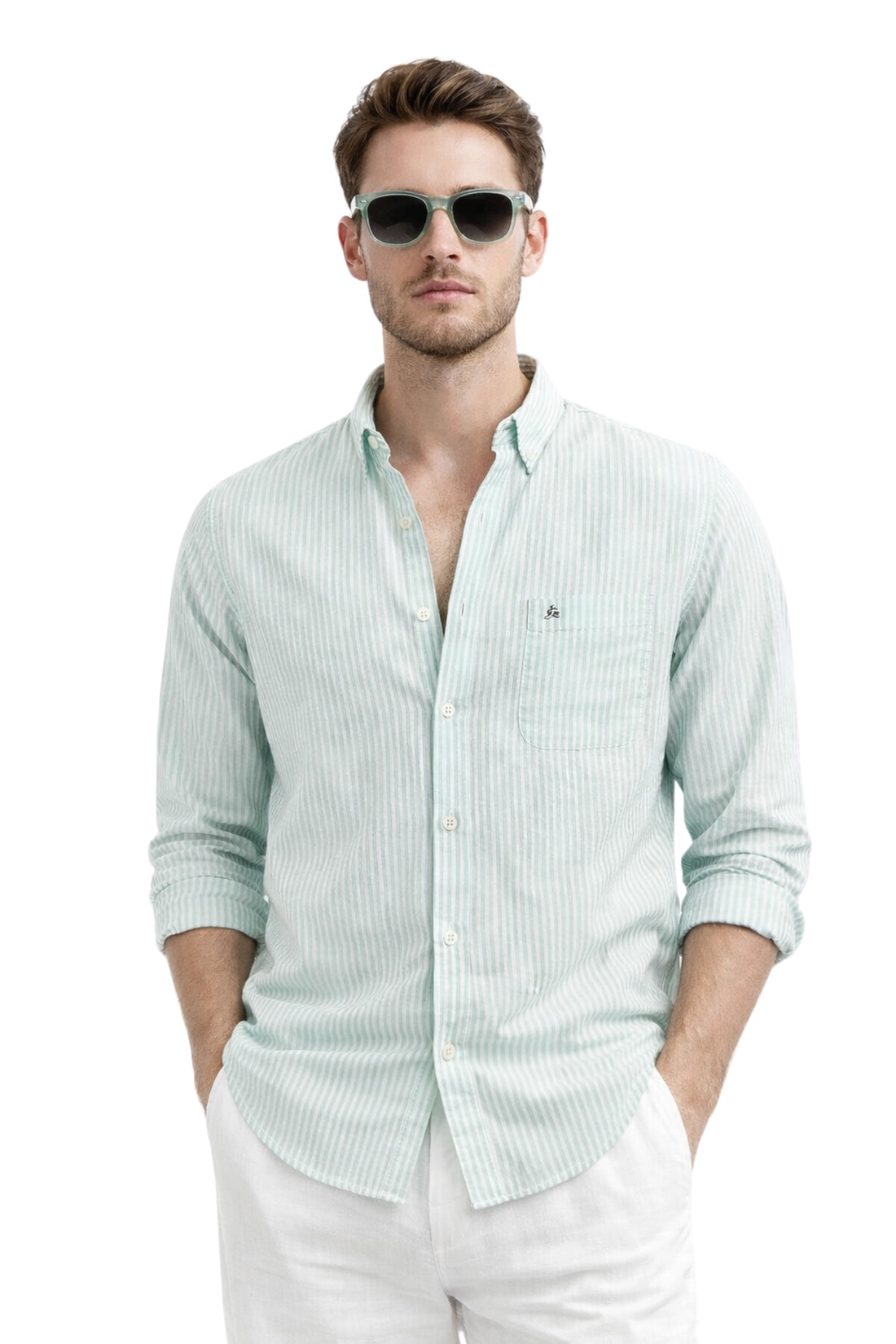 100% GREEN COTTON STRIPED SHIRTS FOR MEN