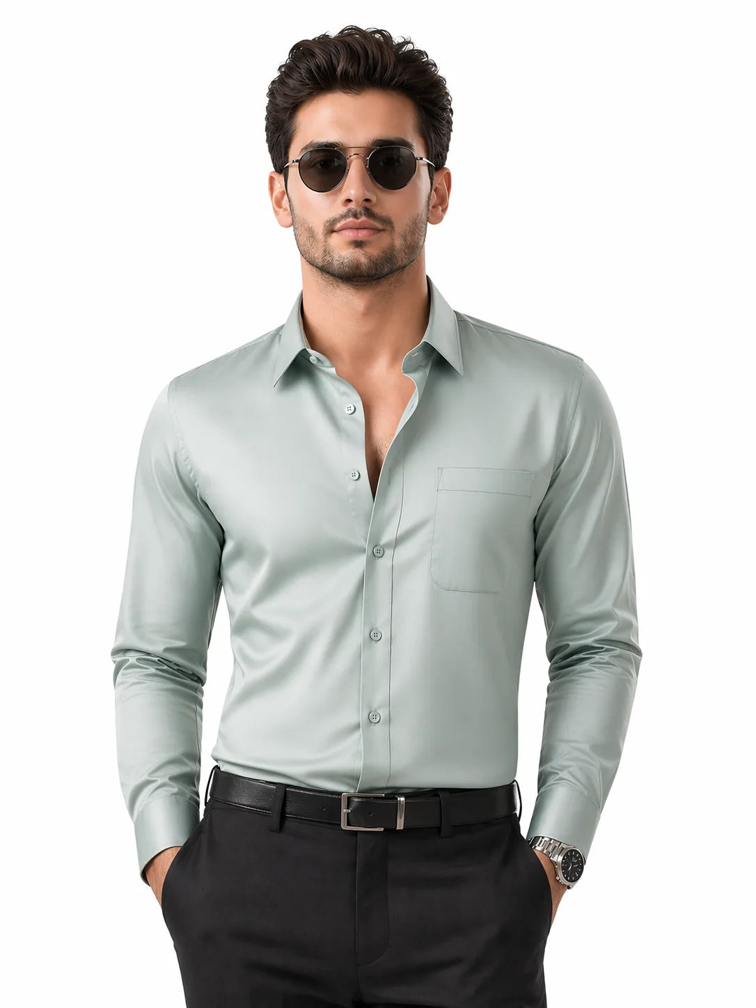 JONESBURG'S Mint 100% Cotton Slim Fit Solid Shirt