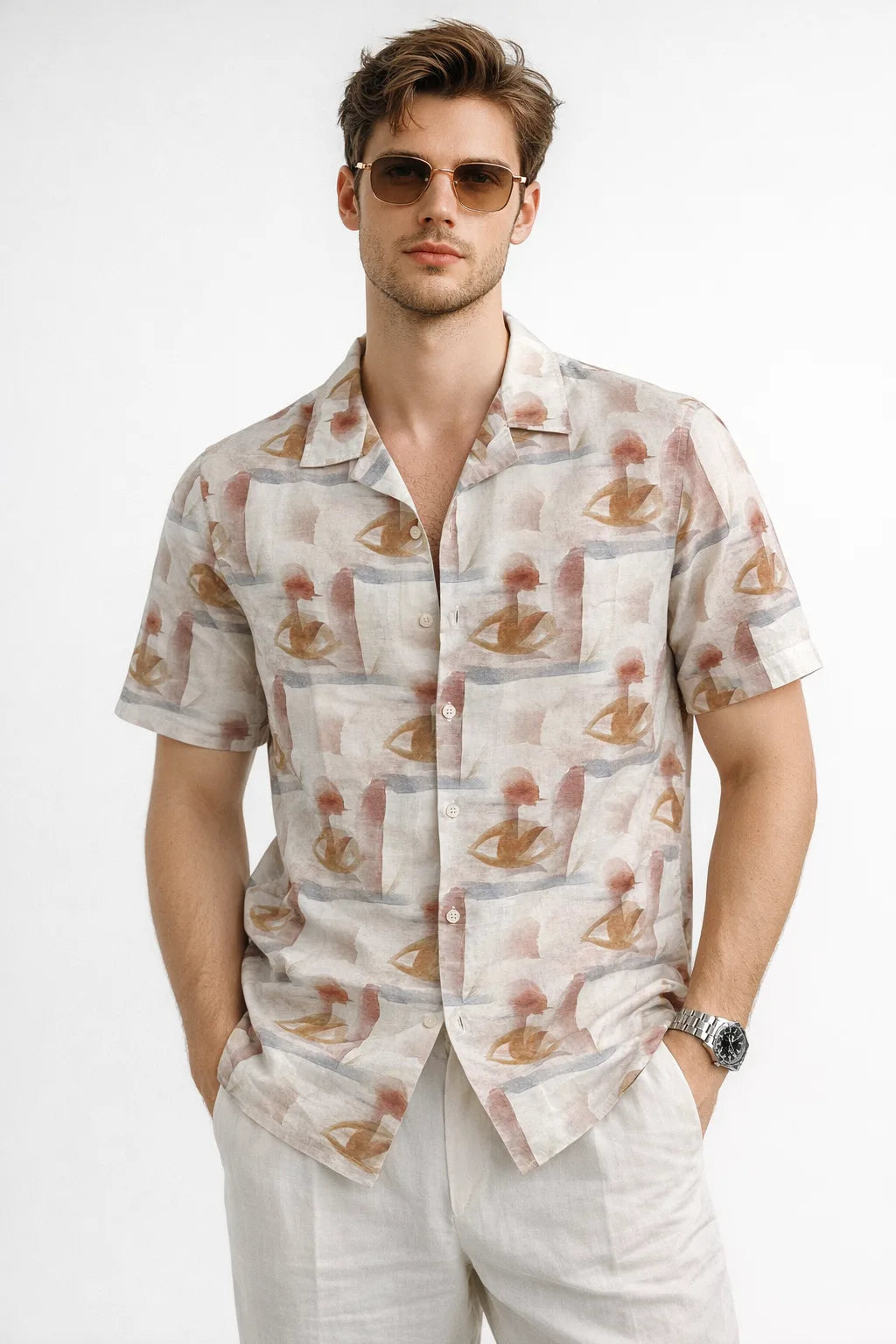 XKIND'S BROWN HALF SLEEVES PRINTED RELAXED FIT SHIRTS FOR MEN.