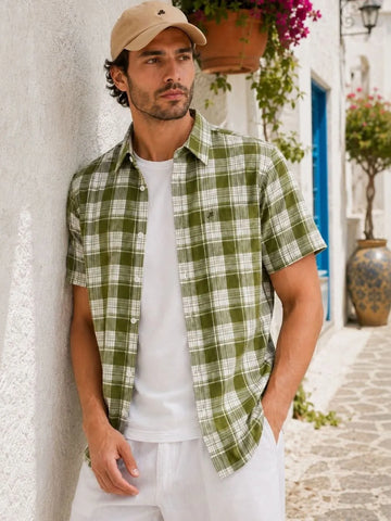 XKIND'S GREEN REGULAR FIT HALF SLEEVE CHECKED SHIRT