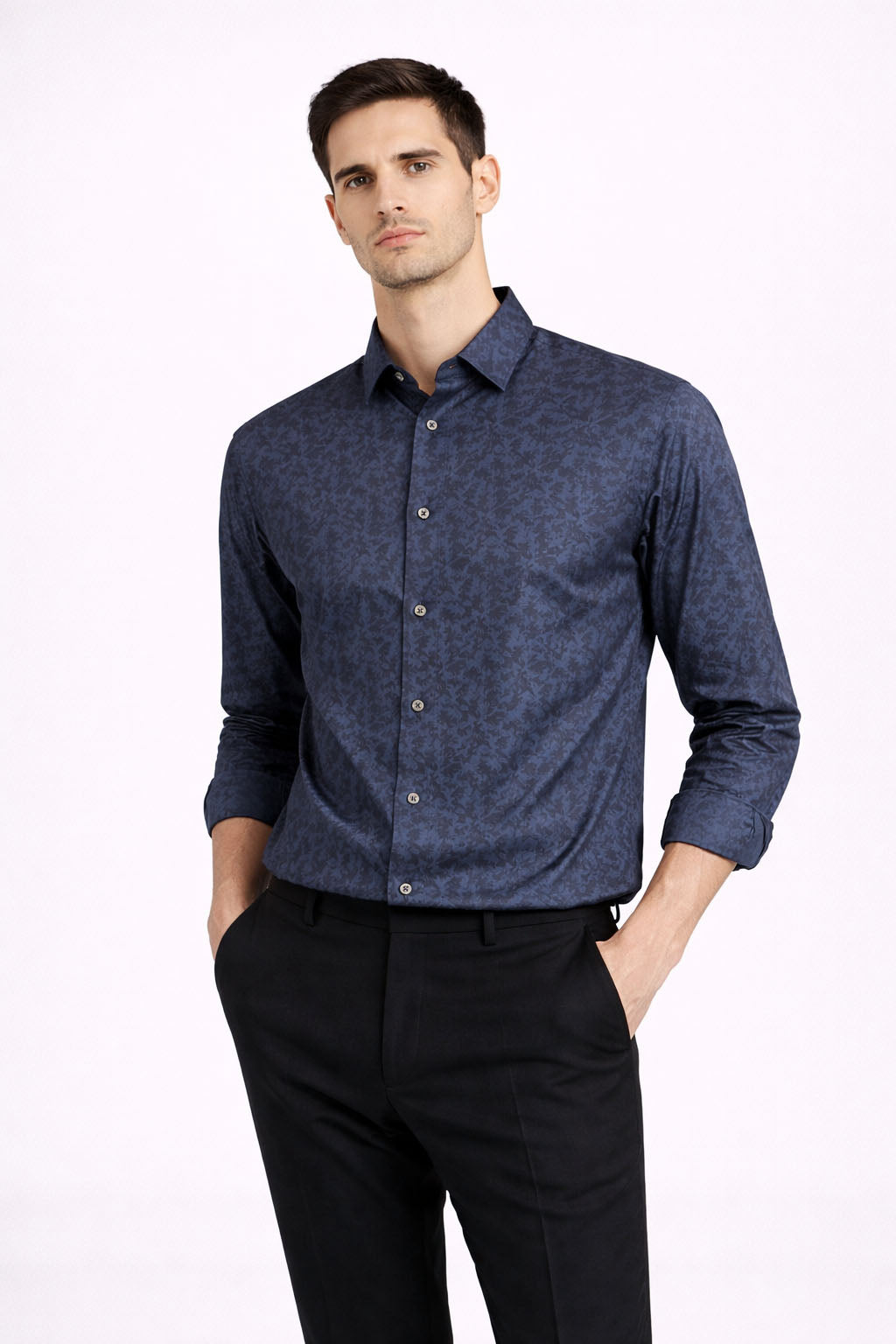 JONESBURG NAVY JACQUARD SLIM FIT FORMAL SHIRT