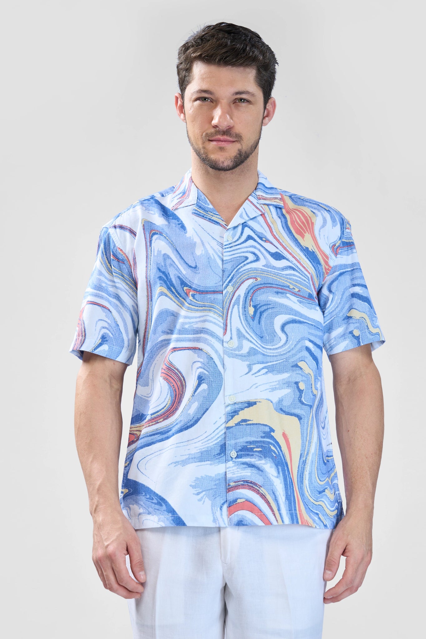 XKIND BLUE FINE CORD DROP SHOULDER PRINTED RELAXED FIT SHIRT