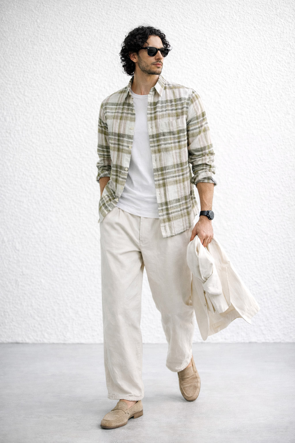 GREEN CHECKS LINEN BLEND REGULAR FIT CASUAL SHIRT