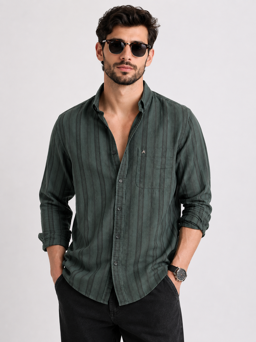 XKIND'S REGULAR FIT DARK GREEN STRIPE SHIRT