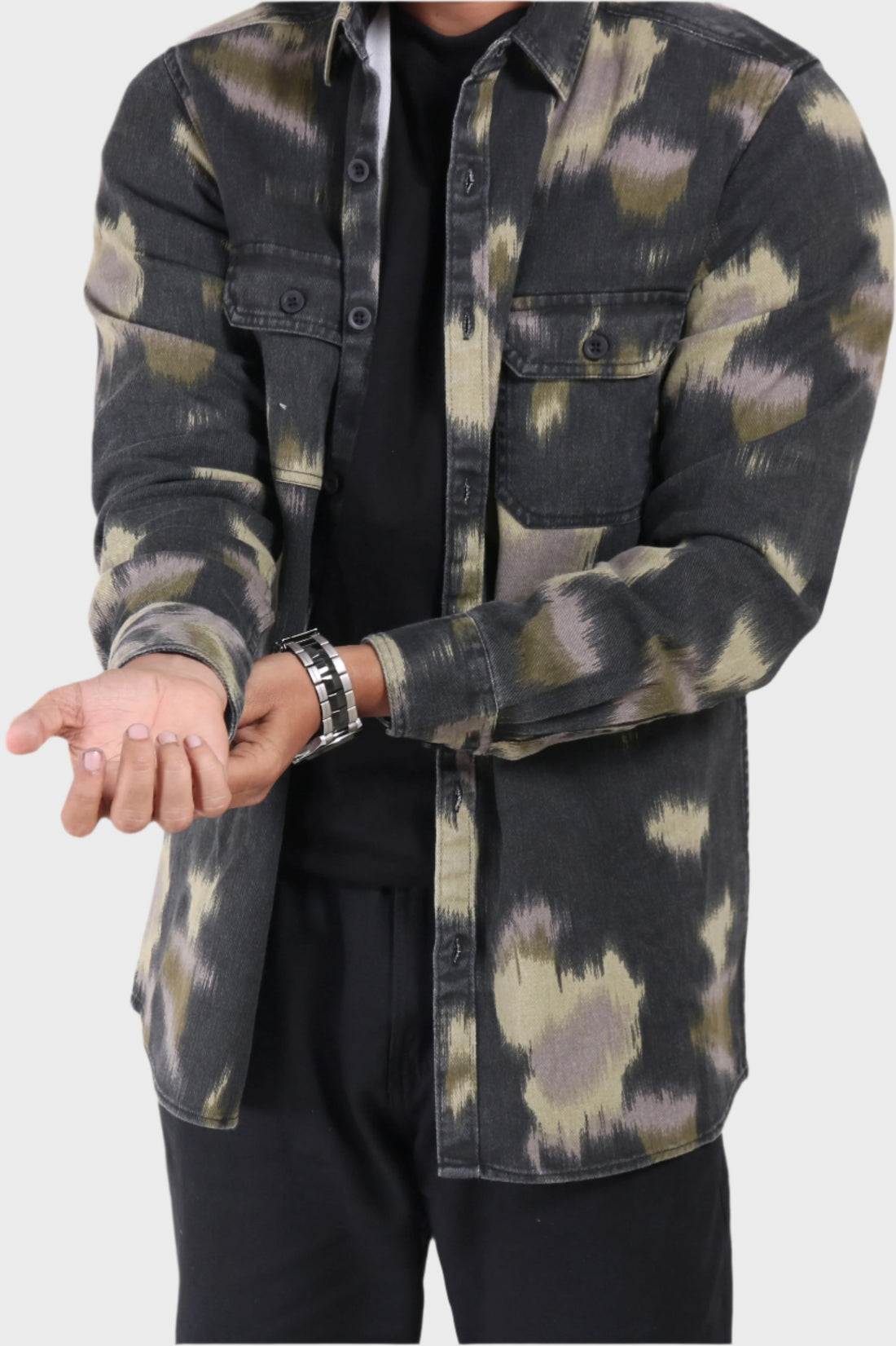 XKIND LIGHT GREEN PRINTED DENIM SHACKET