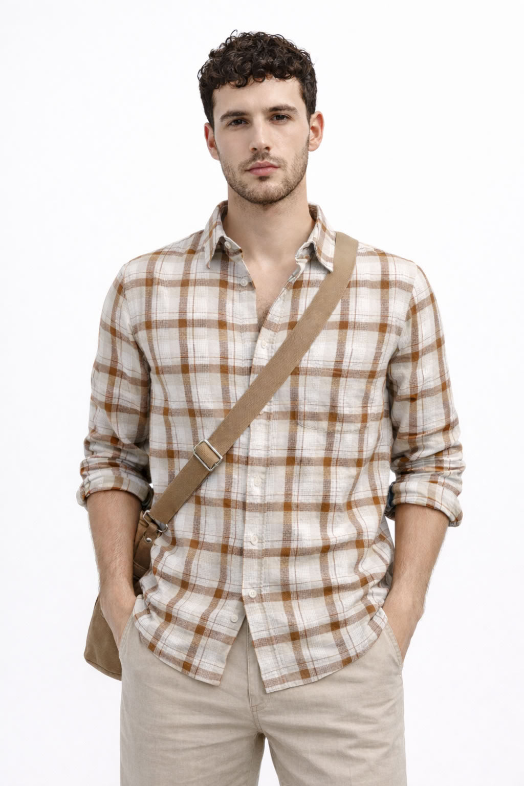 BROWN CHECKS REGULAR FIT LINEN BLEND CASUAL SHIRT