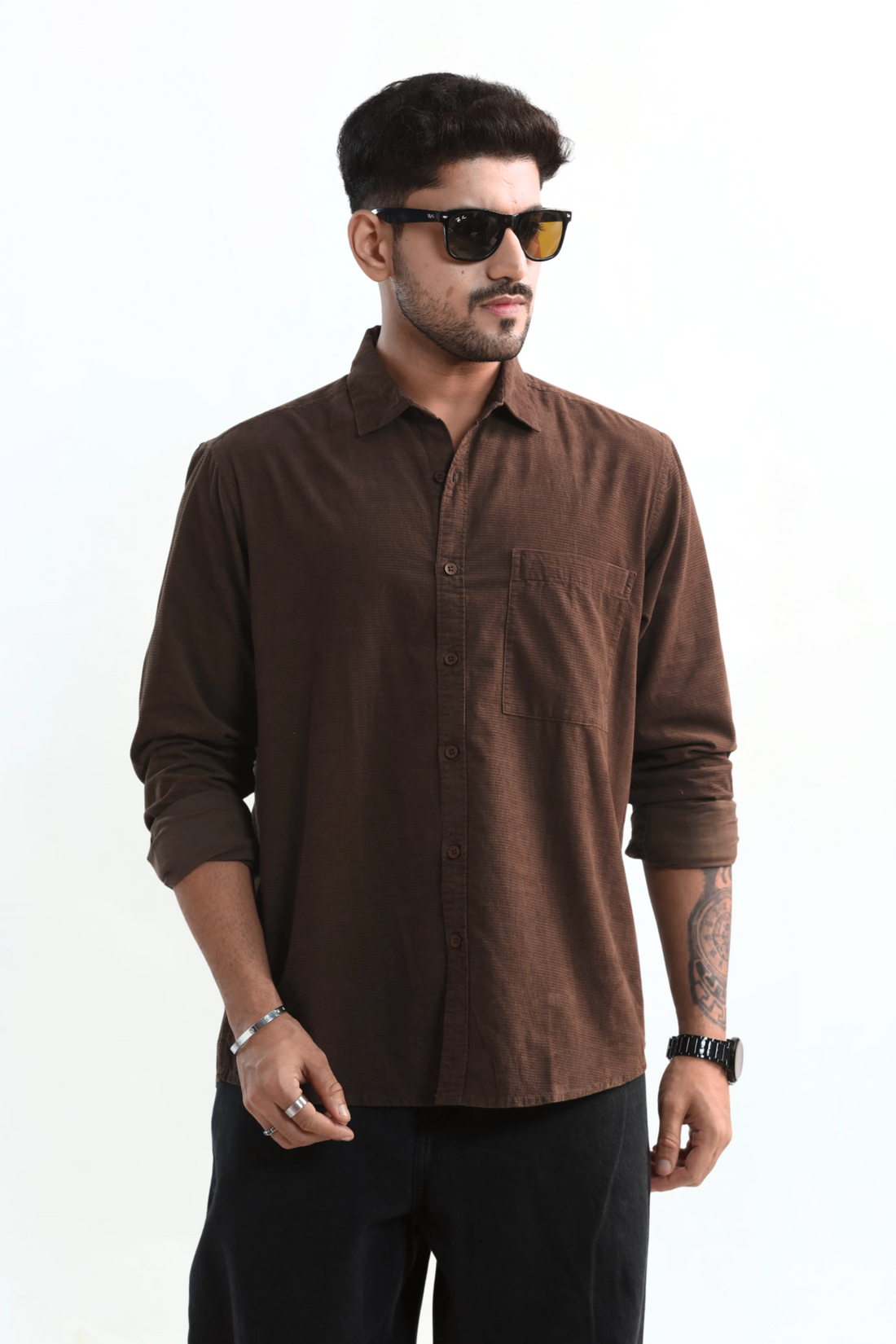 XKIND MEN'S MOCHA BROWN FINE CORDUROY REGULAR FIT SHIRT