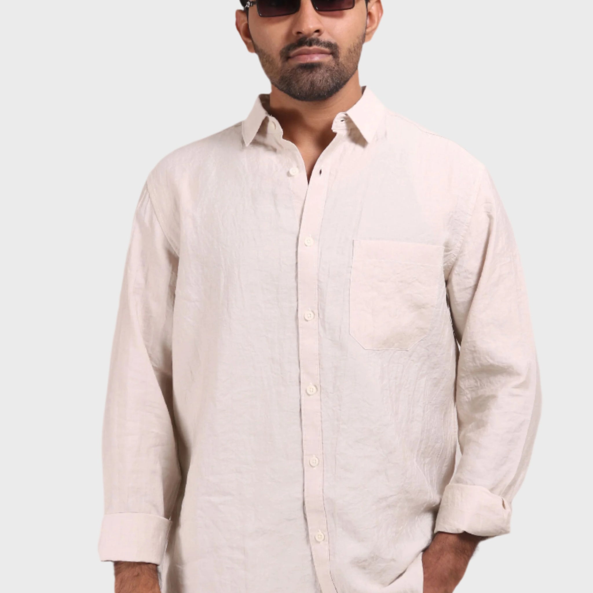 XKIND BEIGE CRUSH WRINKLED LOOK REGULAR FIT SHIRT