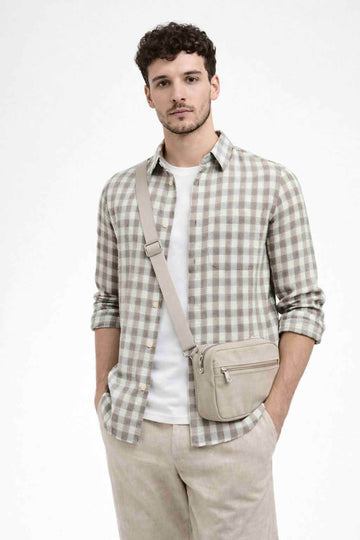 TAUPE CHECKS REGULAR FIT LINEN BLEND CASUAL SHIRT