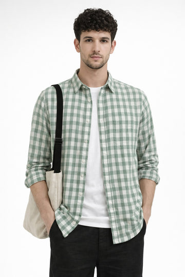 LIGHT GREEN CHECKS REGULAR FIT LINEN BLEND CASUAL SHIRT