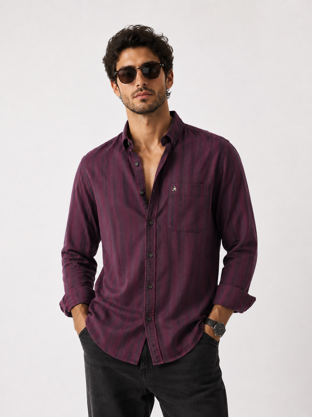 XKIND'S REGULAR FIT DARK PURPLE STRIPE SHIRT