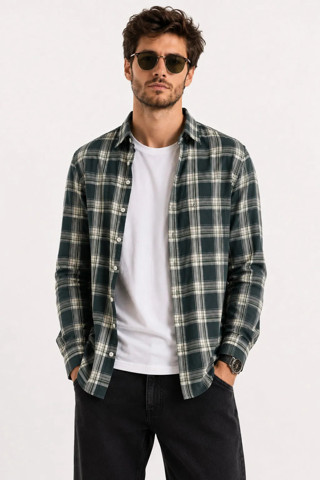XKIND'S 100% COTTON SLIM FIT DARK GREEN SHIRT