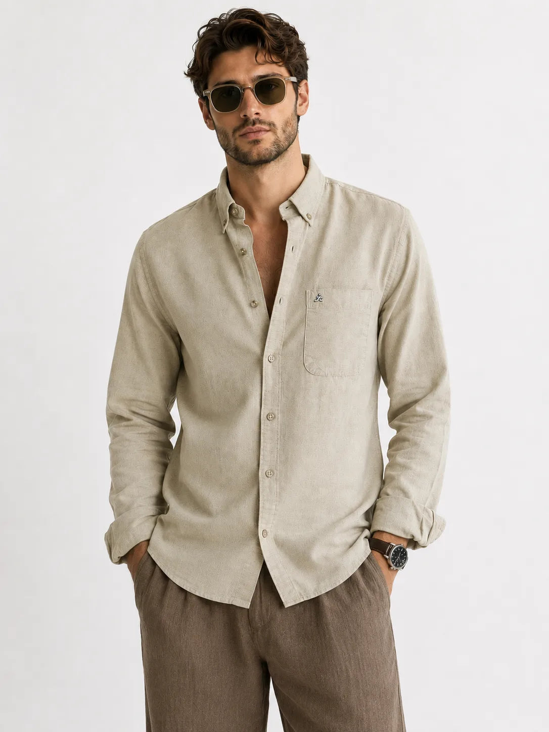 100% COTTON REGULAR FIT BEIGE SHIRT FOR MEN