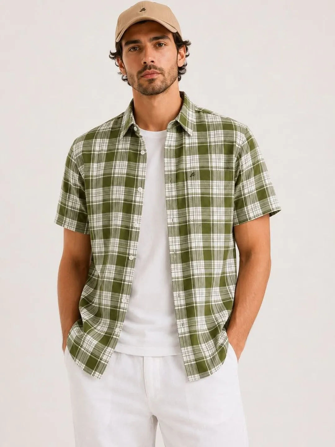 XKIND'S GREEN REGULAR FIT HALF SLEEVE CHECKED SHIRT