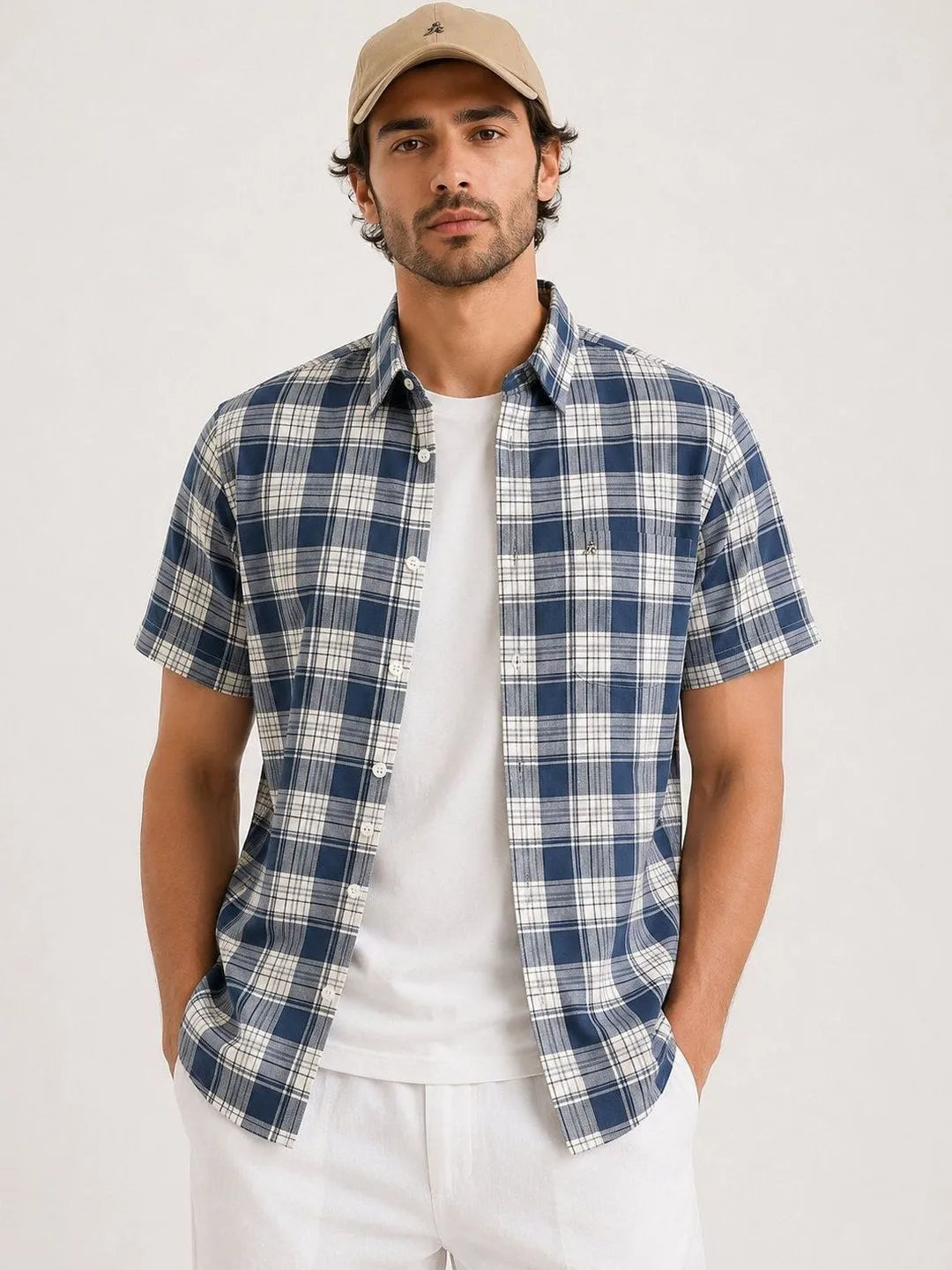 XKIND'S BLUE REGULAR FIT HALF SLEEVE CHECKED SHIRT
