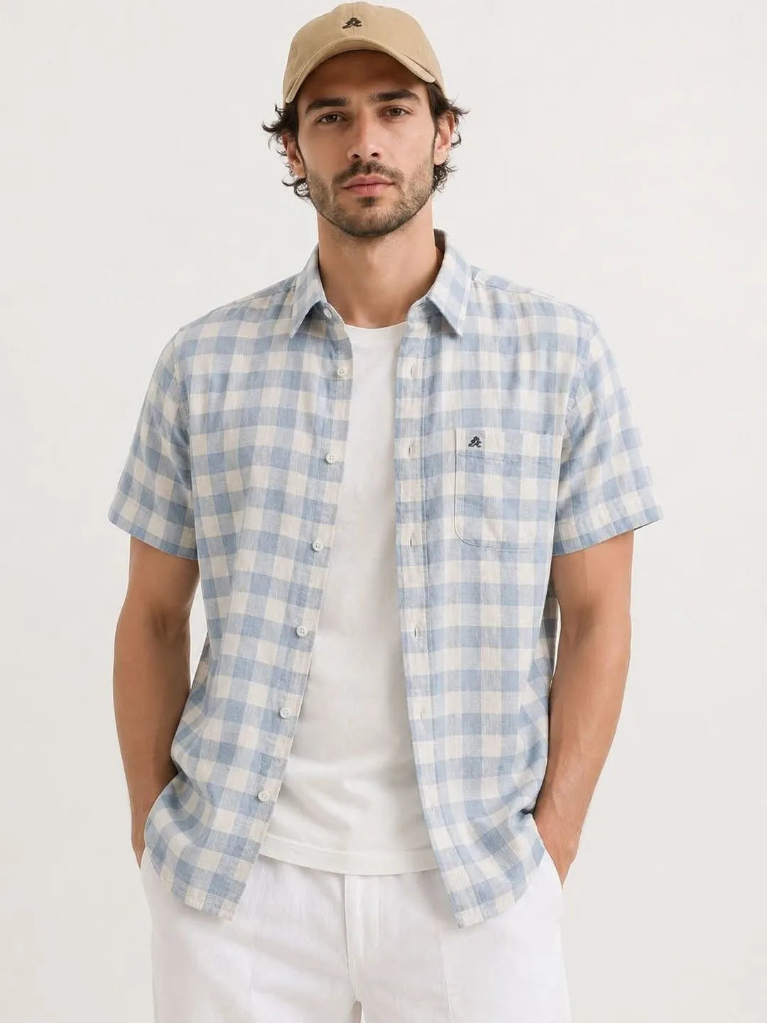 XKIND'S LIGHT BLUE REGULAR FIT HALF SLEEVE CHECKED SHIRT