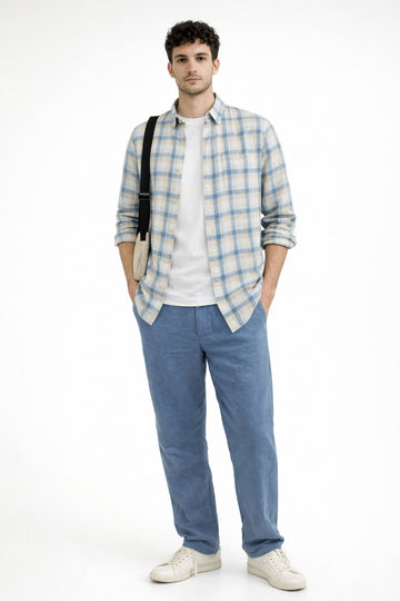 BLUE CHECKS REGULAR FIT LINEN BLEND CASUAL SHIRT