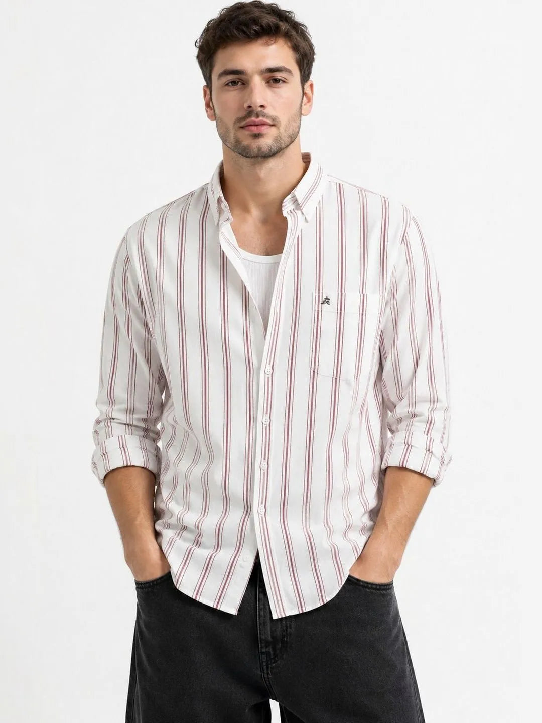 XKIND'S SLIM FIT RED STRIPE CASUAL SHIRT