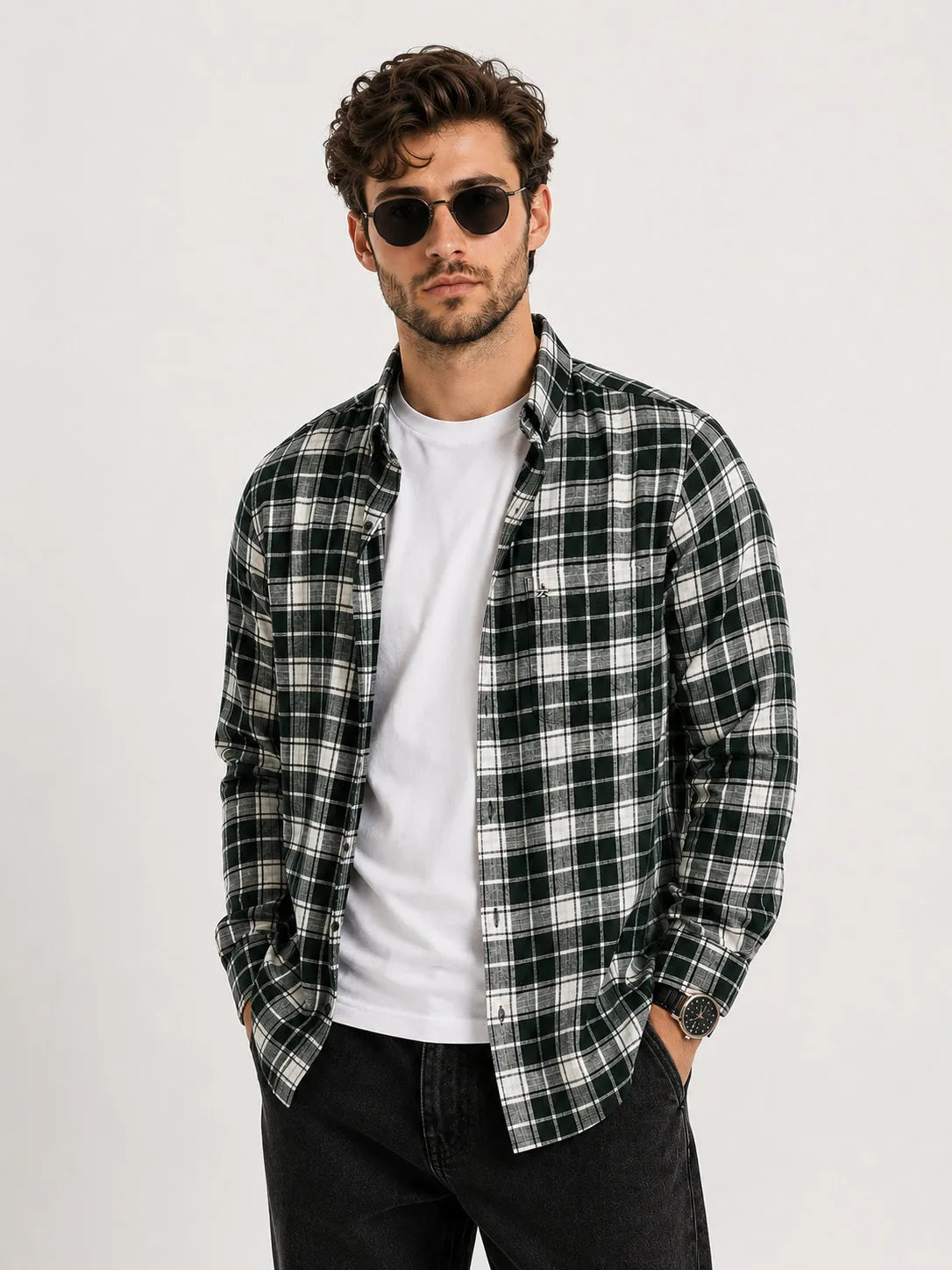 XKIND'S BROWNISH DARK GREEN FIT CHECKS SHIRT