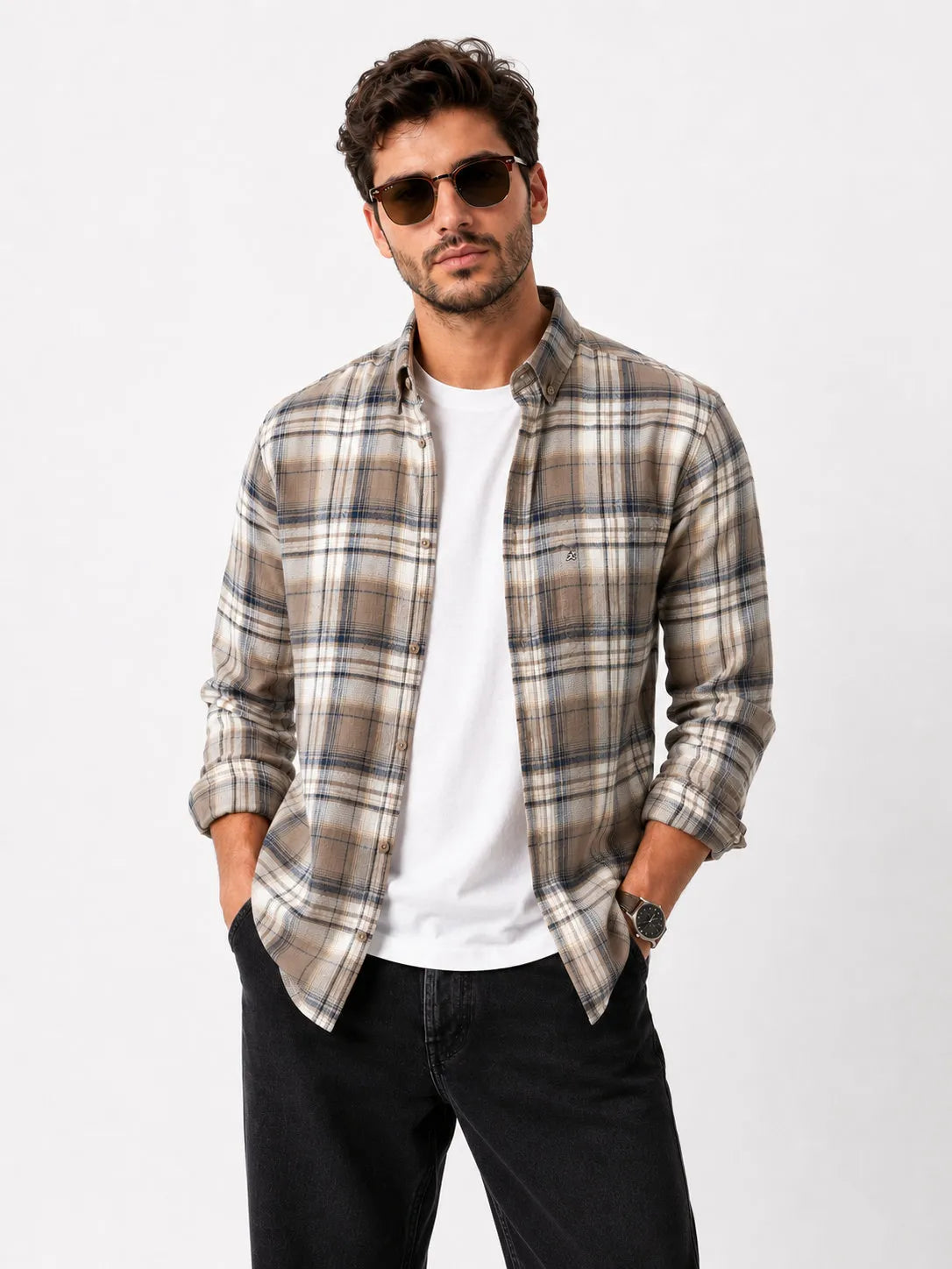 XKIND'S BROWNISH GREY REGULAR FIT CHECKS SHIRT