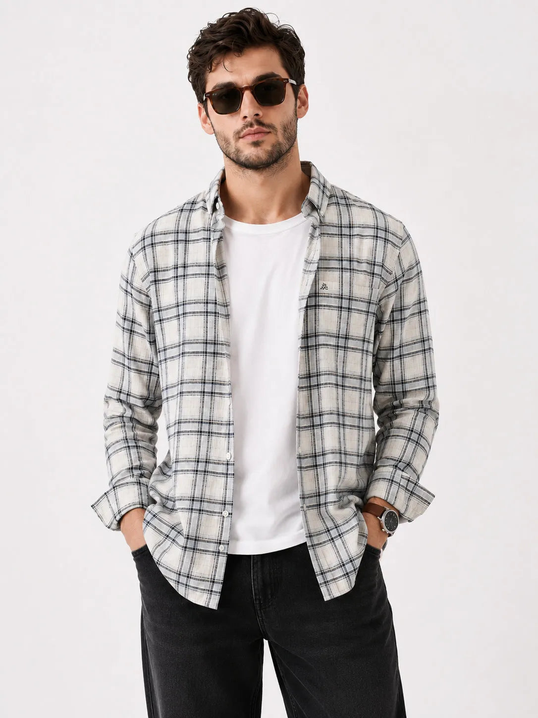 XKIND'S BROWNISH WHITE FIT CHECKS SHIRT