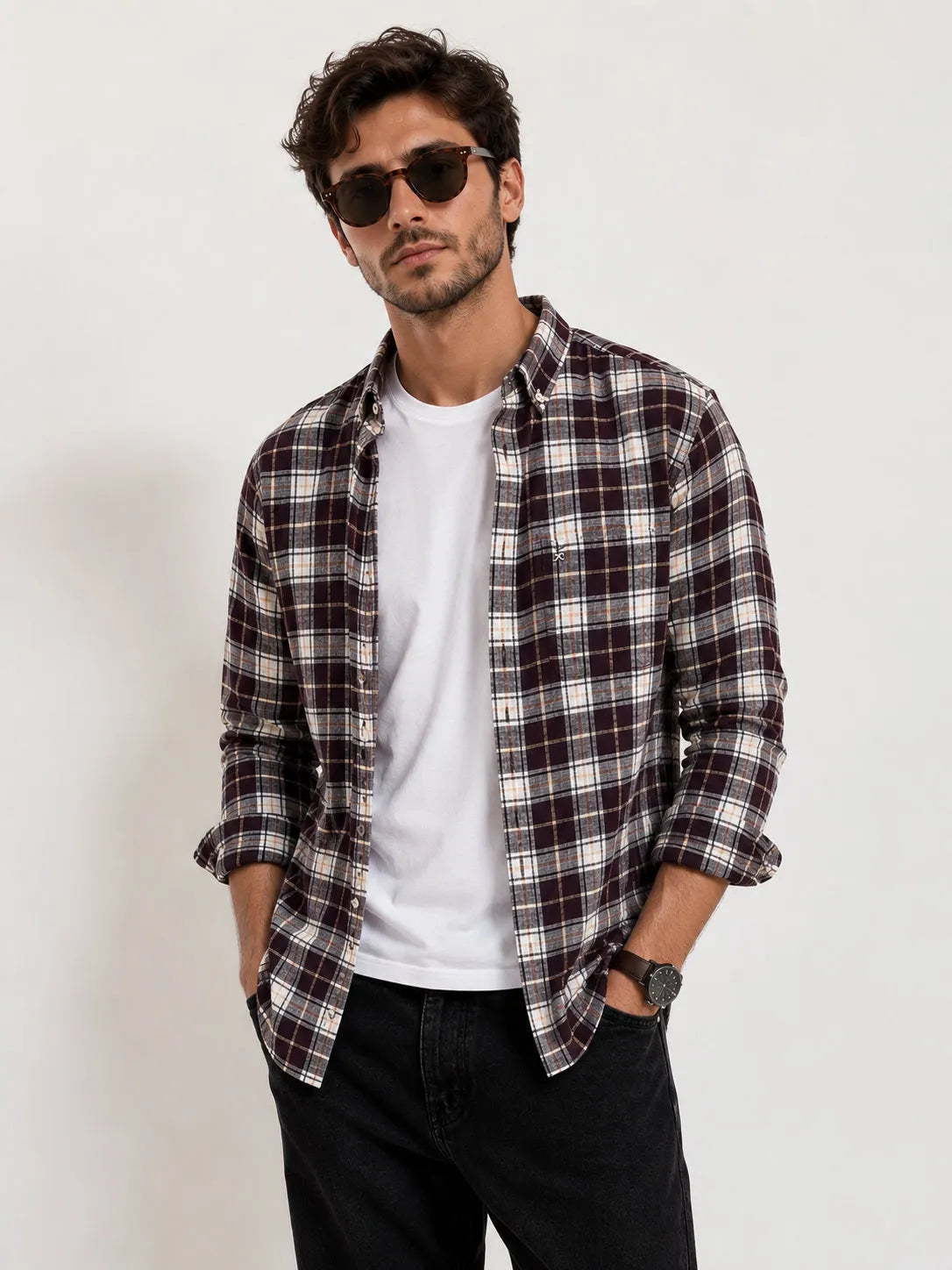 XKIND'S BROWNISH DARK BROWN FIT CHECKS SHIRT