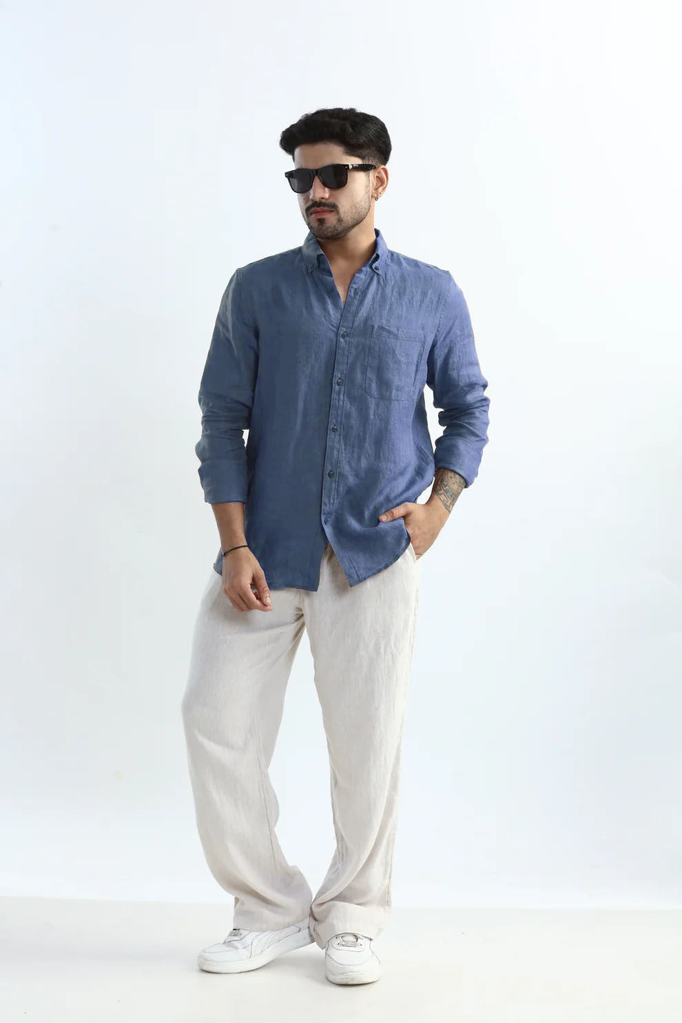 100%  PURE LINEN POWDER BLUE BUTTON DOWN CASUAL SHIRT