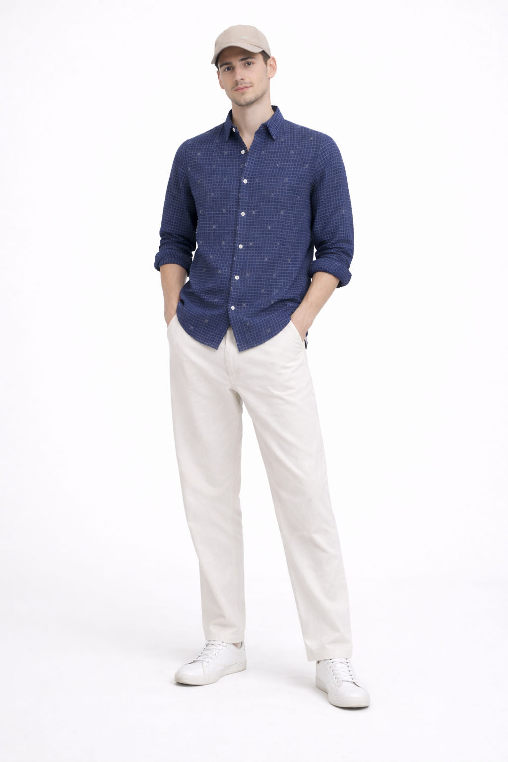 JACQUARD[COTTON] NAVY REGULAR FIT CASUAL SHIRT