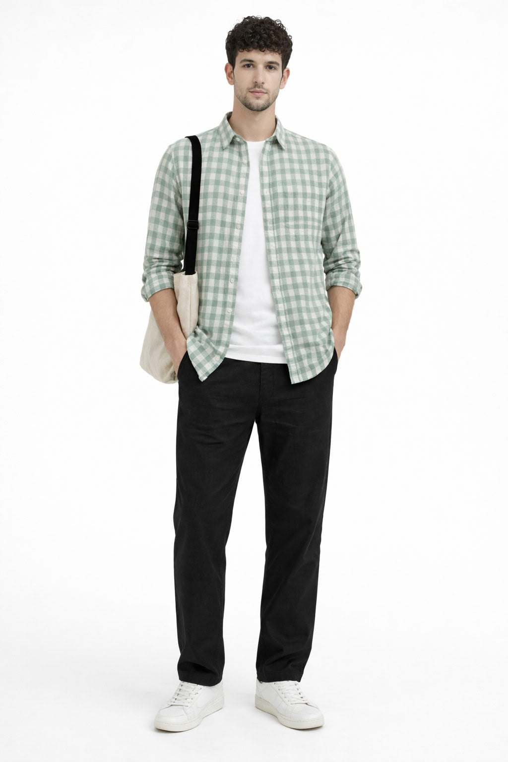 LIGHT GREEN CHECKS REGULAR FIT LINEN BLEND CASUAL SHIRT