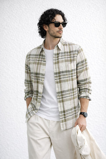 GREEN CHECKS LINEN BLEND REGULAR FIT CASUAL SHIRT