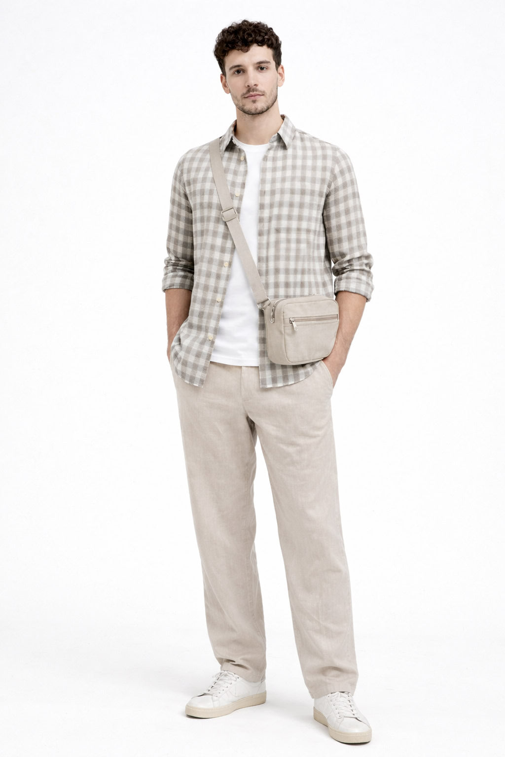 TAUPE CHECKS REGULAR FIT LINEN BLEND CASUAL SHIRT