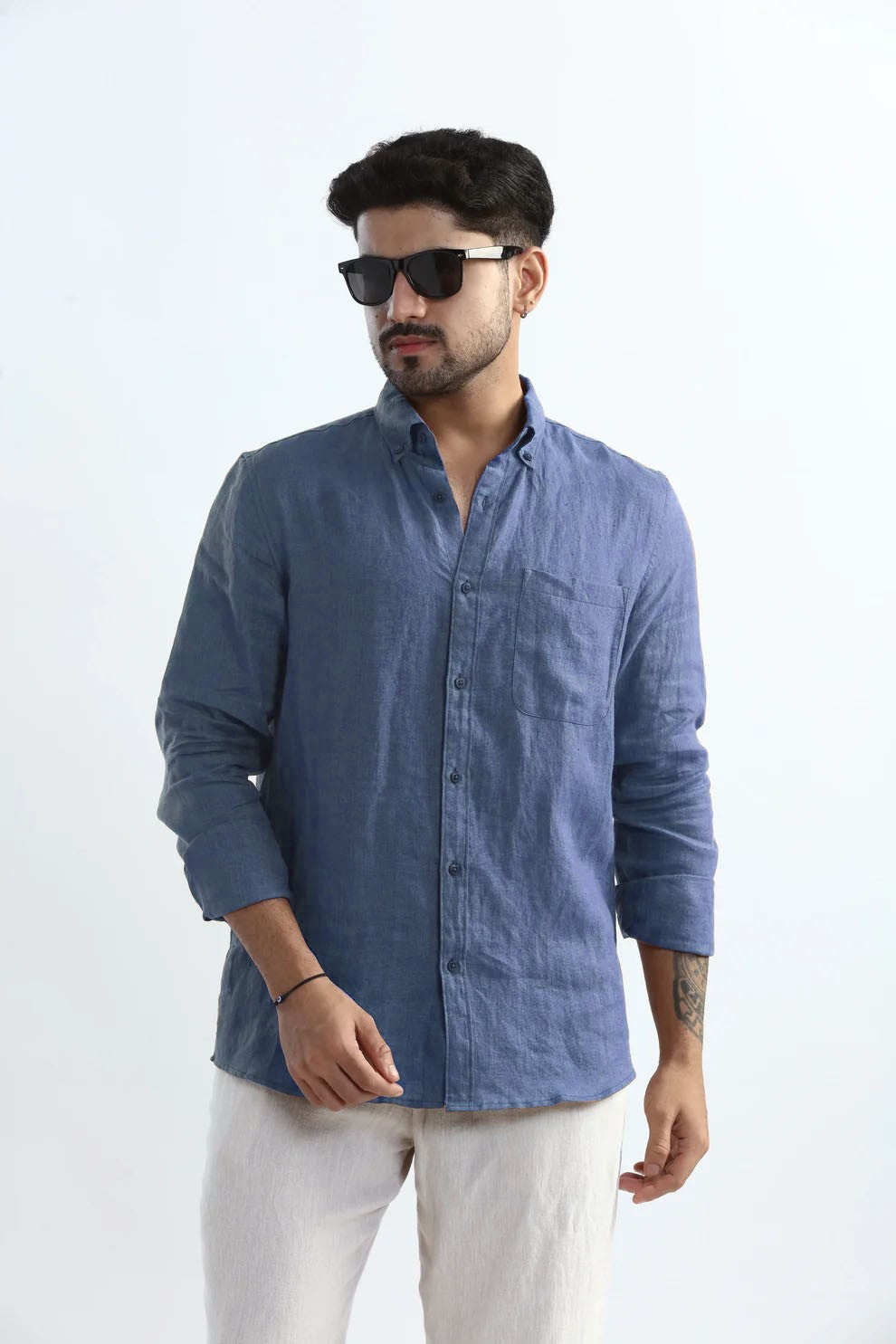100%  PURE LINEN POWDER BLUE BUTTON DOWN CASUAL SHIRT