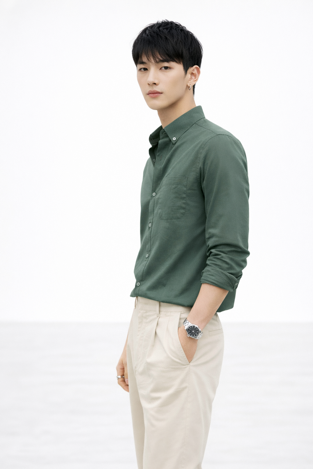 OLIVE TWILL LYCRA SLIM FIT CASUAL SHIRT