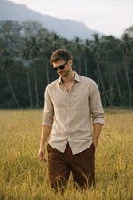 Beige Chambray Linen Regular Fit Shirt - Xkind