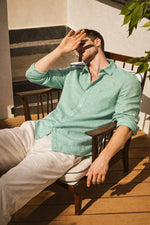 Aqua Blue Chambray Linen Regular Fit Shirt - Xkind