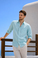 Ice Blue Chambray Linen Regular Fit Shirt - Xkind