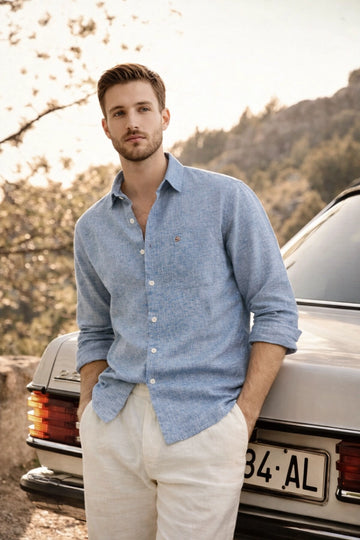 NAVY CHAMBRAY LINEN REGULAR FIT SHIRT (Copy)