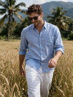 Light Blue Chambray Linen Regular Fit Shirt - Xkind